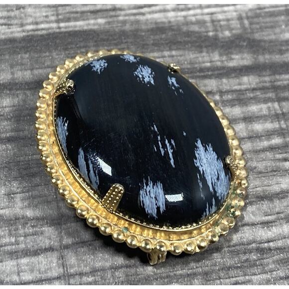 Vintage Oval Black Snowflake Obsidian Cabochon Gold Tone Brooch Pin - Picture 4 of 10